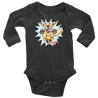 A black long-sleeve onesie featuring the original happy and excited Golden Retriever on the front