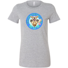 A women's heather grey t-shirt featuring the OMG You're Home! Golden Retriever artwork