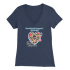 A woman's navy blue v-neck shirt featuring the OMG You're Home! German Shepherd dog design with the text "Emotional Support Human".