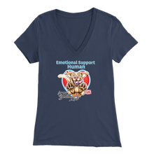 Load image into Gallery viewer, Bella Womens blue V-Neck. This comfortable shirt features the OMG You're Home German Shepherd dog design with the text "Emotional Support Human".