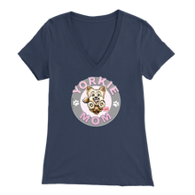 Load image into Gallery viewer, a women's navy blue v-neck shirt with the OMG You're Home! Yorkie dog mom design on the front