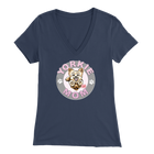 a women's navy blue v-neck shirt with the OMG You're Home! Yorkie dog mom design on the front