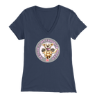 a womens blue v-neck shirt featuring the original Golden Retriever dog artwork by OMG You're Home!