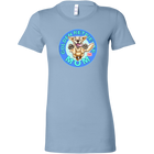 A women's light blue t-shirt featuring the OMG You're Home! Golden Retriever artwork