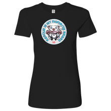Load image into Gallery viewer, front view of a womens black tshirt with the OMG You're Home rescue pit on the front