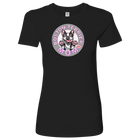 a black shirt with the OMG You're Home! Boston Terrier dog Mom design on the front in pink letters