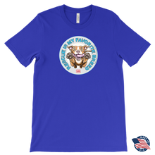 Load image into Gallery viewer, Front view of a mens royal blue T-Shirt by Canvas featuring the original Red Nose Pitbull artwork by OMG You're Home! Part of the "Rescue is my favorite breed" collection.