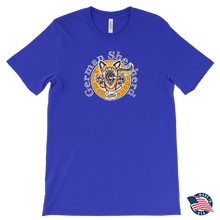 Load image into Gallery viewer, the front view of a made in the USA royal blue  Canvas Mens T-Shirt featuring the original OMG You&#39;re HOME! German Shepherd design on the front.  