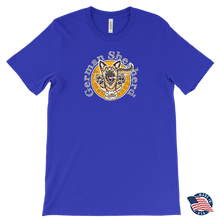 Load image into Gallery viewer, the front view of a made in the USA royal blue  Canvas Mens T-Shirt featuring the original OMG You're HOME! German Shepherd design on the front.
