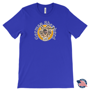 the front view of a made in the USA royal blue  Canvas Mens T-Shirt featuring the original OMG You're HOME! German Shepherd design on the front.  