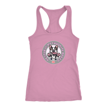 Load image into Gallery viewer, A soft pink Next Level Racerback Tank featuring the OMG You're Home! Boston Terrier design with "Rescue is my favorite breed"