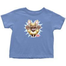 Load image into Gallery viewer, a toddler's blue t-shirt with the original OMG You're Home Fawn Frenchie dog design on the front in full color