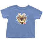 a toddler's blue t-shirt with the original OMG You're Home Fawn Frenchie dog design on the front in full color