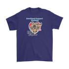 A mens purple t-shirt with the OMG You're HOME! German Shepherd dog design on the front