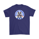 a men's blue t-shirt featuring the Boston Terrier dog dad design on the front