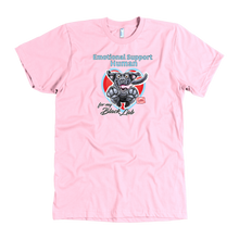 Load image into Gallery viewer, a  pink OMG You're Home t-shirt featuring the Emotional Support Human for my Black Labrador Retriever design on the front in full color