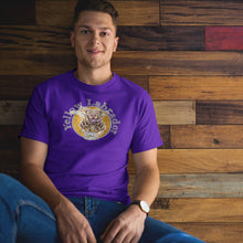 Load image into Gallery viewer, smiling man in purple t-shirt with the OMG You're HOME! Yellow Labrador Retriever design on the front