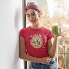 Load image into Gallery viewer, a smiling woman wearing a red tshirt with a yorkie dog drawing on the front
