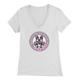 a woman's white v-neck shirt with the OMG You're Home! Boston Terrier dog Mom design on the front in pink letters