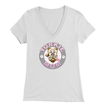 Load image into Gallery viewer, a women's white v-neck shirt with the OMG You're Home! Yorkie dog mom design on the front