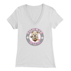 a women's white v-neck shirt with the OMG You're Home! Yorkie dog mom design on the front
