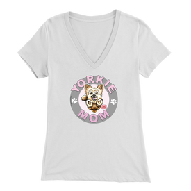 a women's white v-neck shirt with the OMG You're Home! Yorkie dog mom design on the front