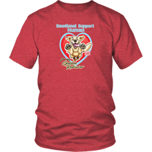 Load image into Gallery viewer, a men's red t-shirt by District featuring the original Golden Retriever artwork by OMG You're Home!