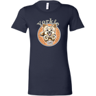 a womans blue tshirt with a yorkshire terrier dog drawing on the front