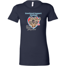 Load image into Gallery viewer, a womens navy blue  shirt featuring the original German Shepherd dog artwork by OMG You're HOME! The text "Emotional Support Human" appears above the design in light blue letters.