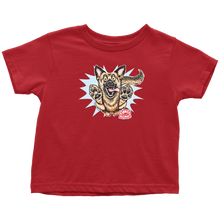 Load image into Gallery viewer, front view of a red toddler t-shirt featuring the OMG You're Home German Shepherd dog design