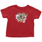 front view of a red toddler t-shirt featuring the OMG You're Home German Shepherd dog design