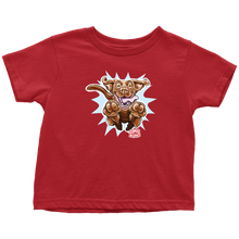 Load image into Gallery viewer,  a red OMG You're Home t-shirt featuring the original Chocolate Labrador Retriever dog design on the front