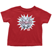 Load image into Gallery viewer, a toddler's red t-shirt with the Blue Nose Pit Bull design by OMG You're Home on the front in full vibrant color