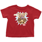 a red OMG You're Home toddler t-shirt featuring the original Yellow Labrador Retriever dog design on the front in full color