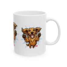 Load image into Gallery viewer, Happy Leaping Longhaired Dachshund Illustration Mug | Ceramic Coffee Cup