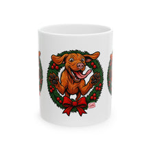 Load image into Gallery viewer, Festive Vizsla Dog Mug, Christmas Gift for Pet Lovers, Holiday Ceramic Cup, Cute Dog Art, Wreath Design