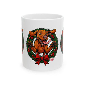 Festive Vizsla Dog Mug, Christmas Gift for Pet Lovers, Holiday Ceramic Cup, Cute Dog Art, Wreath Design