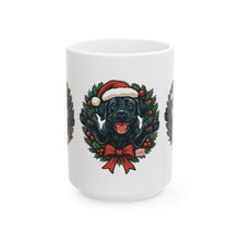 Load image into Gallery viewer, Festive Black Labrador Dog Mug, Christmas Mug, Holiday Gift, Pet Lover's Mug, Cute Black Lab Mug, Seasonal Coffee Mug