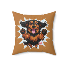 Load image into Gallery viewer, Happy Longhaired Dachshund Throw Pillow — Cute Jumping Sausage Dog Decorative Cushion