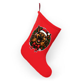 German Shepherd Christmas Wreath Stocking | Red Holiday GSD Stocking