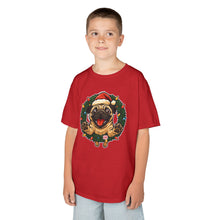Load image into Gallery viewer, Festive Kids Tee with Pug in Santa Wreath, Christmas Shirt, Holiday Apparel, Cute Kids Clothing, Gift for Dog Lovers, Winter Fun Tee