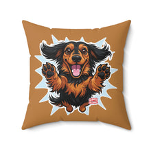 Load image into Gallery viewer, Happy Longhaired Dachshund Throw Pillow — Cute Jumping Sausage Dog Decorative Cushion