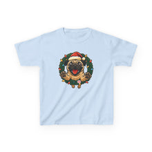 Load image into Gallery viewer, Festive Kids Tee with Pug in Santa Wreath, Christmas Shirt, Holiday Apparel, Cute Kids Clothing, Gift for Dog Lovers, Winter Fun Tee