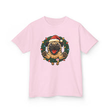 Load image into Gallery viewer, Festive Kids Tee with Pug in Santa Wreath, Christmas Shirt, Holiday Apparel, Cute Kids Clothing, Gift for Dog Lovers, Winter Fun Tee