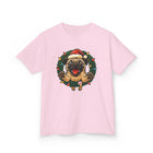 Festive Kids Tee with Pug in Santa Wreath, Christmas Shirt, Holiday Apparel, Cute Kids Clothing, Gift for Dog Lovers, Winter Fun Tee