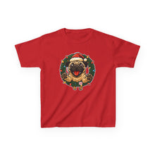 Load image into Gallery viewer, Festive Kids Tee with Pug in Santa Wreath, Christmas Shirt, Holiday Apparel, Cute Kids Clothing, Gift for Dog Lovers, Winter Fun Tee