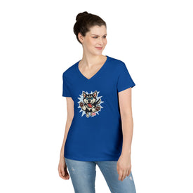 Cute Siberian Husky Dog Illustration Ladies' V-Neck T-Shirt, Pet Lover Gift, Casual Wear, Dog Mom Shirt