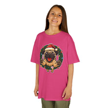 Load image into Gallery viewer, Festive Kids Tee with Pug in Santa Wreath, Christmas Shirt, Holiday Apparel, Cute Kids Clothing, Gift for Dog Lovers, Winter Fun Tee