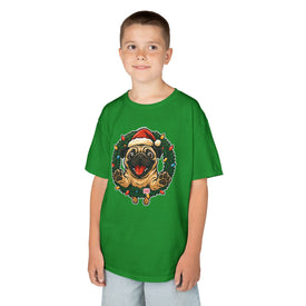 Festive Kids Tee with Pug in Santa Wreath, Christmas Shirt, Holiday Apparel, Cute Kids Clothing, Gift for Dog Lovers, Winter Fun Tee