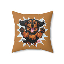 Load image into Gallery viewer, Happy Longhaired Dachshund Throw Pillow — Cute Jumping Sausage Dog Decorative Cushion